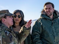Vice President JD Vance and his wife Usha Vance tour Pituffik Space Base accompanied by two officers.