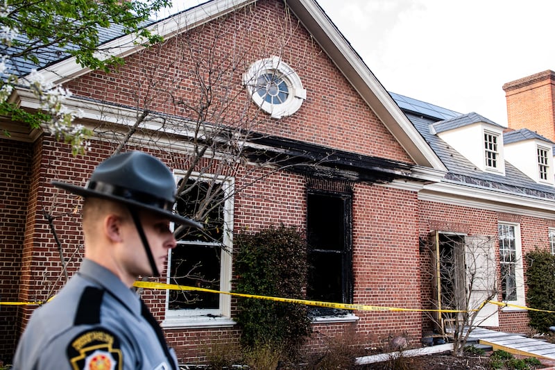 Extensive fire damage to the Pennsylvania Governor's Mansion and Gov. Josh Shapiro's residence is seen during a press conference on April 13, 2025 in Harrisburg, Pennsylvania.