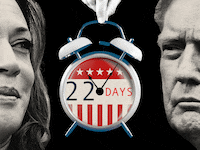 Kamala Harris and Donald Trump with an election countdown clock