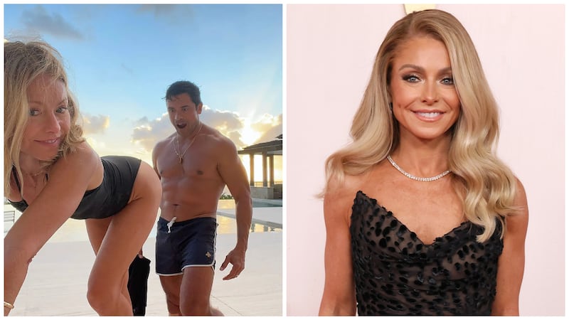 Kelly Ripa and Mark Consuelos (left); Kelly Ripa in 2024 (right)