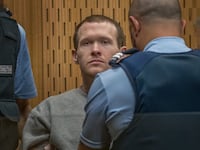 A photo of convicted mass murderer Brenton Tarrant in court.
