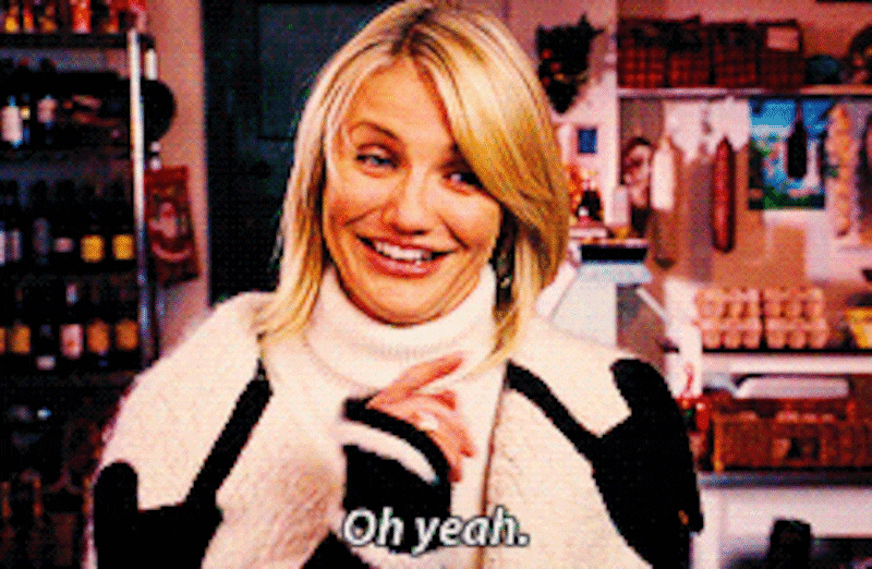 Showing Cameron Diaz drinking from a wine bottle with caption "Oh Yeah."