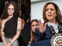 Ella Emhoff at Eckhaus Latta Spring 2024 Ready To Wear Runway Show on September 9, 2023 in New York, New York and U.S. Vice President Kamala Harris speaks during an NCAA championship teams celebration on the South Lawn of the White House on July 22, 2024.