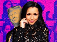 A photo illustration of Sarah Cooper and former President Donald Trump.