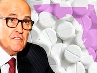 rudy giuliani portrait looking nervous in front of opioid pills behind him and lilac purple florida state map superimposed behind oxycontin purdue pharmaceutical epidemic