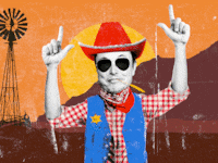 Elon Musk dressed as a cowboy with alternating raised arms as finger guns in front of a desert background with a windmill