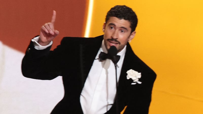 Puerto Rican singer Bad Bunny accepts the award for Best Musica Urbana Album on stage during the 68th Annual Grammy Awards at the Crypto.com Arena in Los Angeles on February 1, 2026.