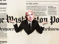 A photo illustration of Jeff Bezos bursting through the Washington Post logo