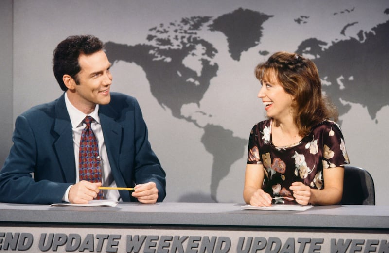 Norm MacDonald and Cheri Oteri during a "Weekend Update" skit on the October 21, 1995, episode of "Saturday Night Live."