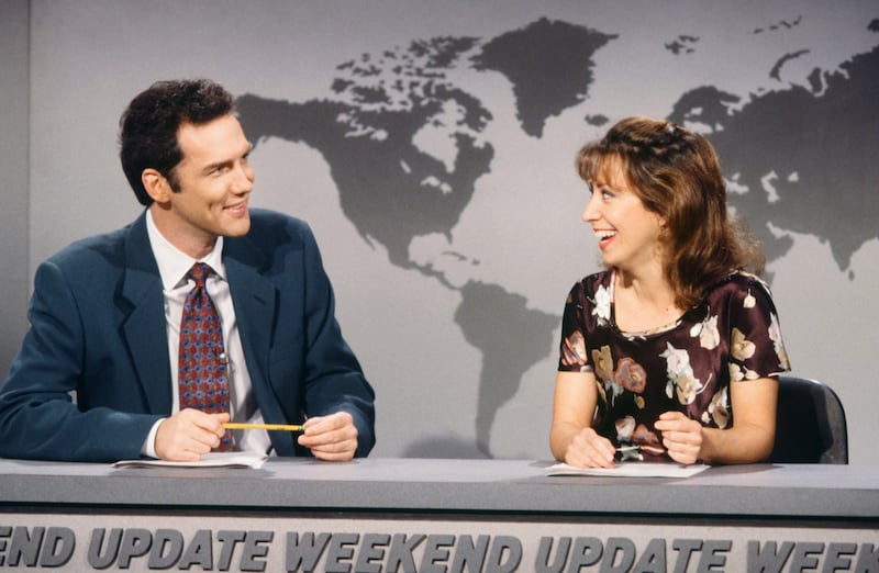 Norm MacDonald and Cheri Oteri during a "Weekend Update" skit on the October 21, 1995, episode of "Saturday Night Live."