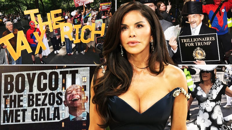 A photo composite of Lauren Sanchez and Met Gala protests.