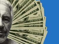 Photo illustration of Jeffrey Epstein’s mugshot with a splay of $100 bills collaged behind him.