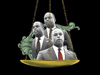 Photo illustration of attorney general of Kentucky, Daniel Cameron, in the scales of justice.