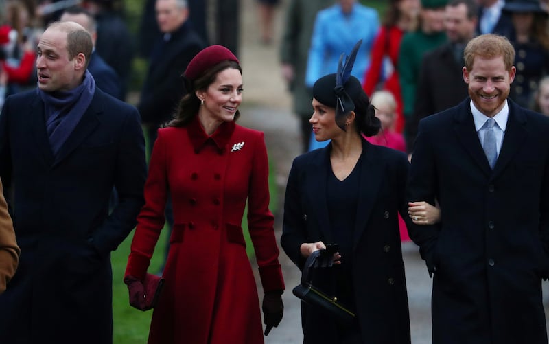 Prince William, Duke of Cambridge and Catherine, Duchess of Cambridge along with Prince Harry, Duke of Sussex and Meghan, Duchess of Sussex arrive at St Mary Magdalene's church for the Royal Family's Christmas Day service, Sandringham, December 25, 2018.