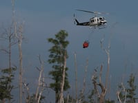 NAPLES, FLORIDA - APRIL 14: A Florida Forest Service helicopter flies to get another load of water to put on a wildfire on April 14, 2026, in Naples, Florida. More than 1,500 acres have burned with the fire at 40% containment, according to the Florida Forestry Service. The historic drought has triggered evacuations in the area. (Photo by Joe Raedle/Getty Images)
