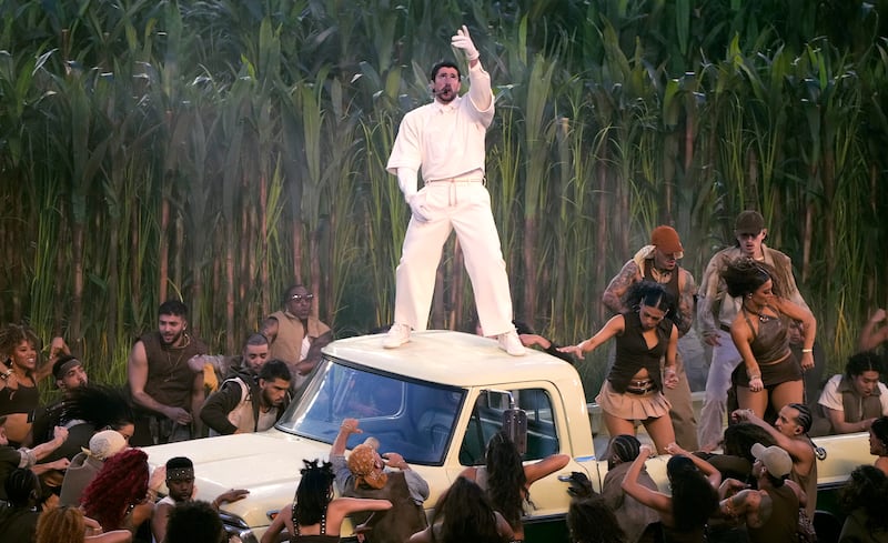 Bad Bunny performs onstage during the Apple Music Super Bowl LX Halftime Show