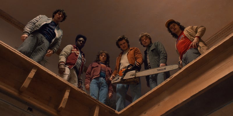 Finn Wolfhard as Mike Wheeler, Caleb McLaughlin as Lucas Sinclair, Natalia Dyer as Nancy Wheeler, Joe Keery as Steve Harrington, Charlie Heaton as Jonathan Byers, and Gaten Matarazzo as Dustin Henderson