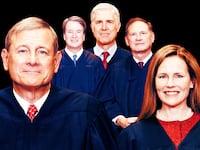 A photo illustration of Justices Roberts, Kavanaugh, Gorsuch, Alito, and Barrett.