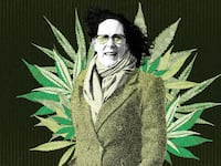 Photo illustration of Representative Val Hoyle of Oregon with weed leaves collaged behind her on a green background.