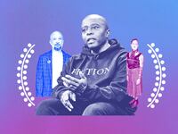 A photo illustration of Yance Ford, Jules Rosskam, and Jude Harris between Sundance laurel wreaths