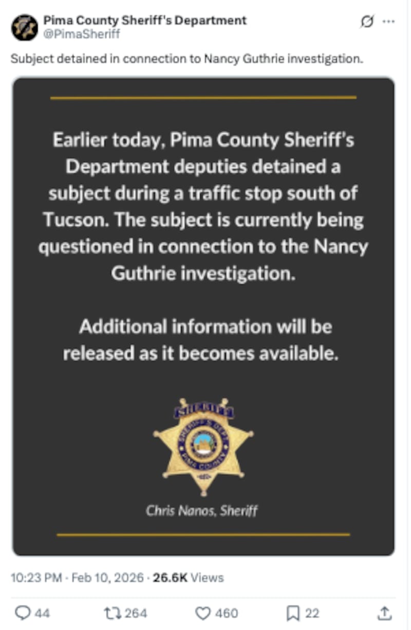 The Pima County Sheriff's Department provided an update on the detainment of an individual in connection with the Guthrie investigation.