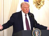 U.S. President Donald Trump delivers remarks during a joint news conference with Israeli Prime Minister Benjamin Netanyahu.