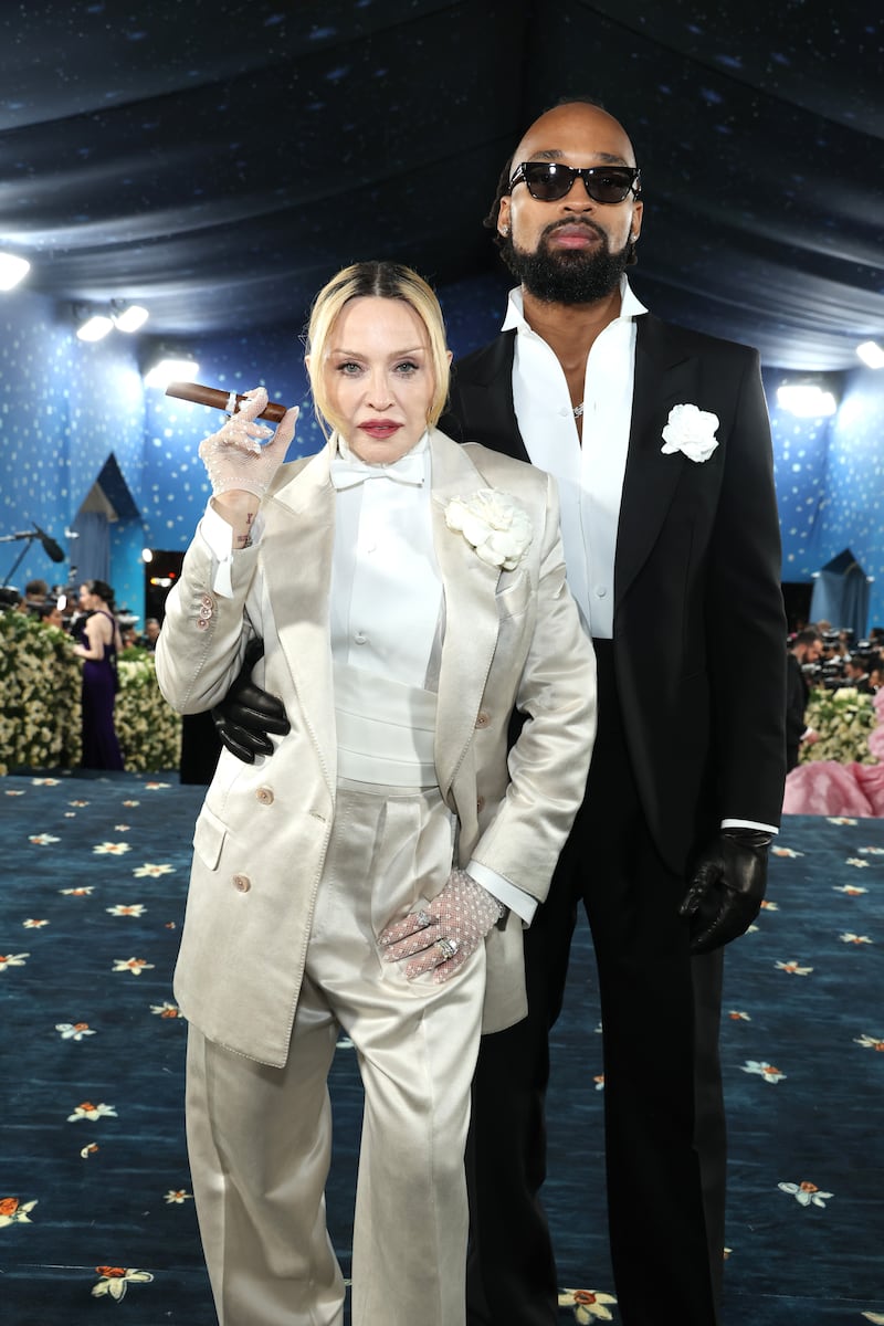 Madonna and Akeem Morris attend the 2025 Met Gala, "Superfine: Tailoring Black Style," at the Metropolitan Museum of Art on May 5, 2025, in New York City.
