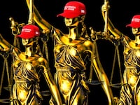 A photo illustration of Lady Justice wearing a MAGA hat.