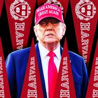 A photo illustration of President Trump in a MAGA hat surrounded by Harvard pennants.