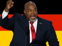 An image of North Carolina Lt. Governor Mark Robinson is laid over an image of the German flag.