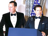Ambassador Richard Grenell (L), Kennedy Center President, and U.S. Secretary of State Marco Rubio (R) onstage at the 48th Kennedy Center Honors Medallion Reception