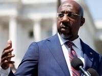 Sen. Raphael Warnock (D-GA) speaks at a press conference on Gun Safety legislation outside the U.S. Capitol Building on May 18, 2023 in Washington, DC