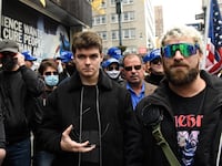 Nicholas Fuentes attends an anti-vaccine protest in 2021 in New York City.