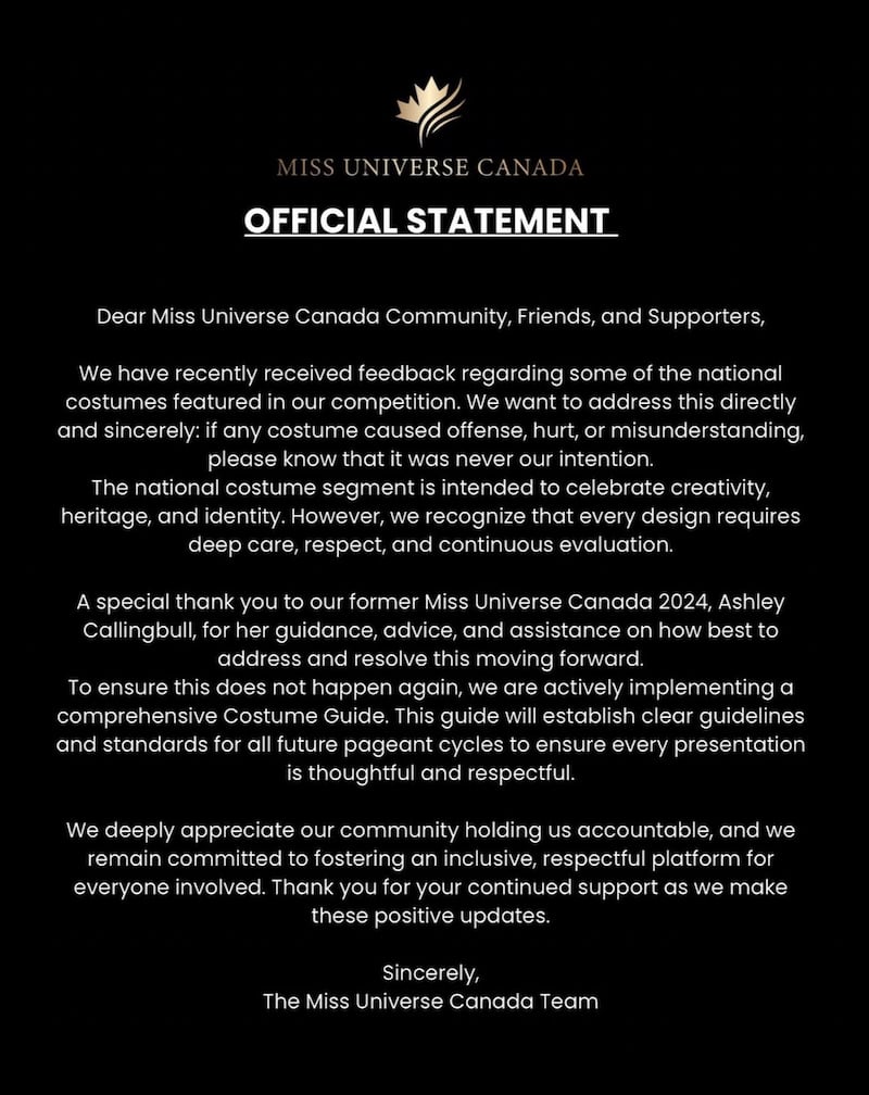 Miss Universe Canada issued a statement.