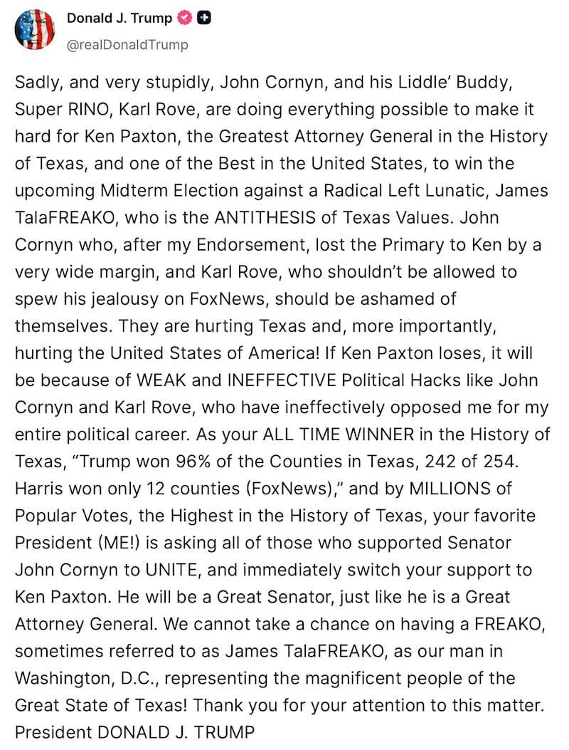 Donald Trump cuts loose on Truth Social over Ken Paxton.