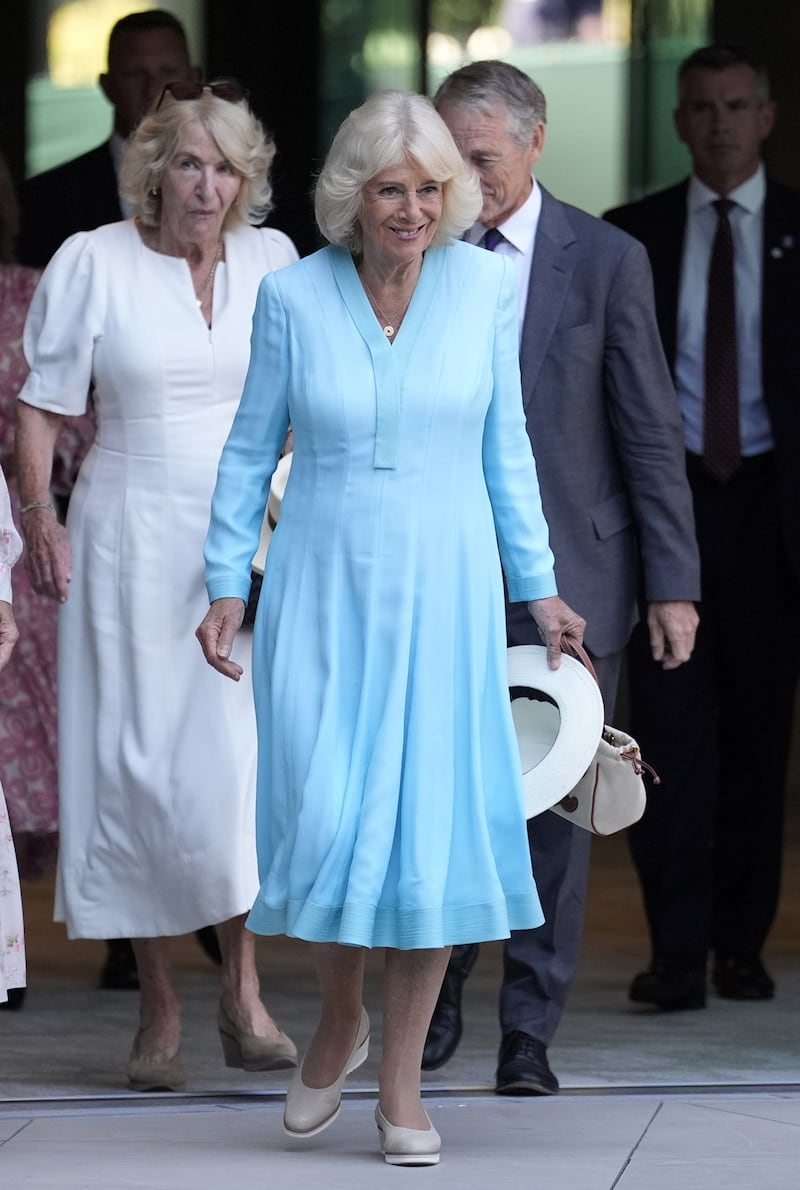 Queen Camilla during a visit on Day 10 of the 2026 Wimbledon Championships at the All England Lawn Tennis and Croquet Club on July 8, 2026, in London, England.