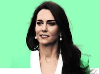 Photo illustration of Kate Middleton on a mint green background