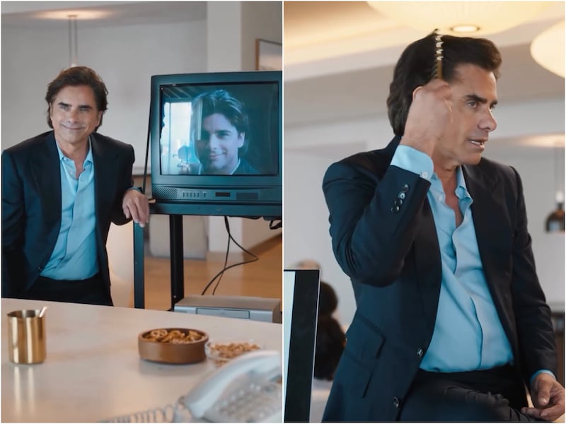 In a new ad campaign for Pantene, John Stamos shows off his original 1994 commercial for the brand before combing through his mane with a gold comb.