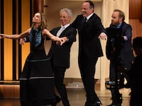 Calista Flockhart, Greg Germann, Gil Bellows, and Peter MacNicol dancing at the Emmy Awards
