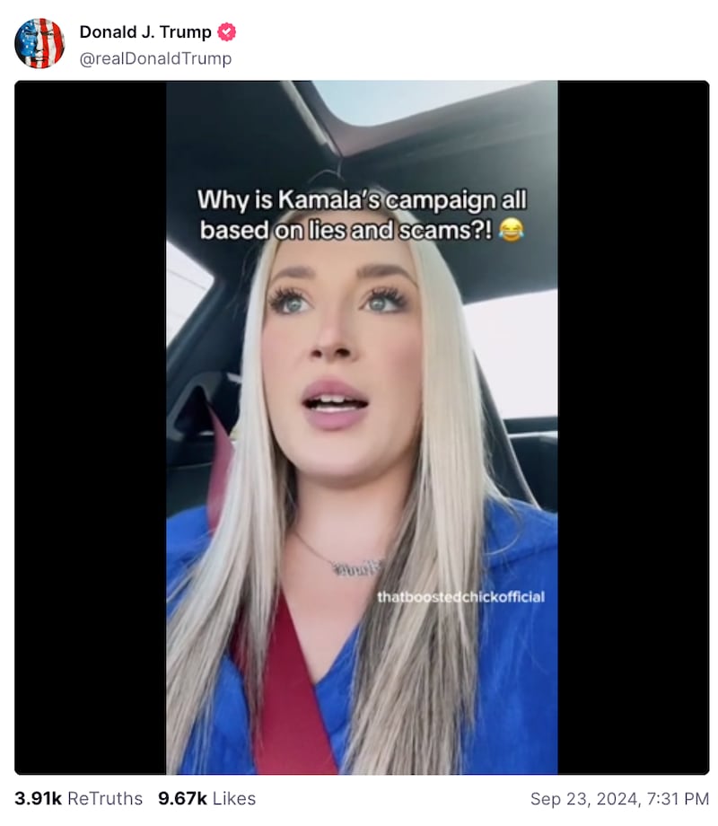 A post by Donald Trump on Truth Social sharing a video containing baseless claims that Kamala Harris’ campaign is paying protesters.