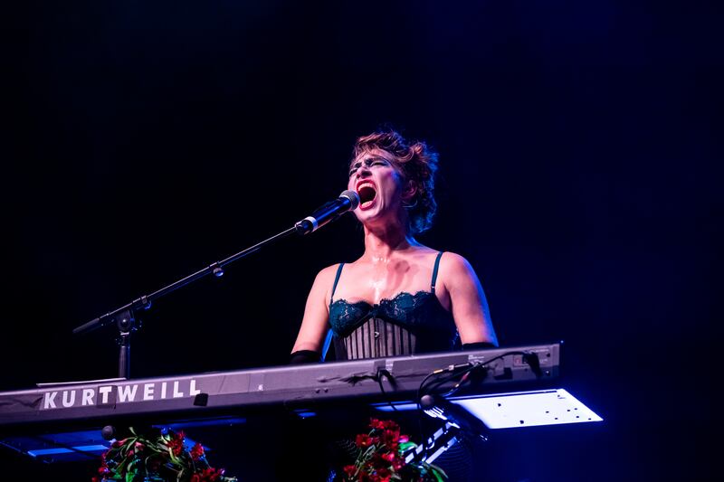 Amanda Palmer of the Dresden Dolls performs on November 1, 2024 in Boston, Massachusetts.