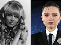 Pattie Boyd in 1967 (left), Aimee Lou Wood in 2025 (right)