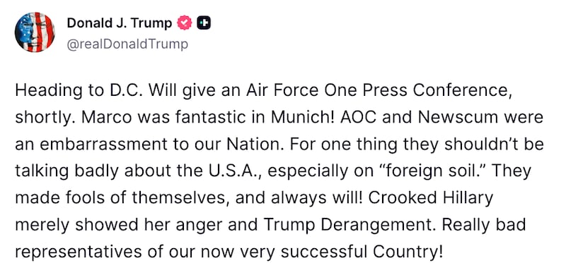 Donald Trump Truth Social post about Newsom and AOC