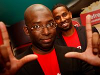 MoviePass co-founders Stacy Spikes and Hamet Watt at an AMC in San Francisco.