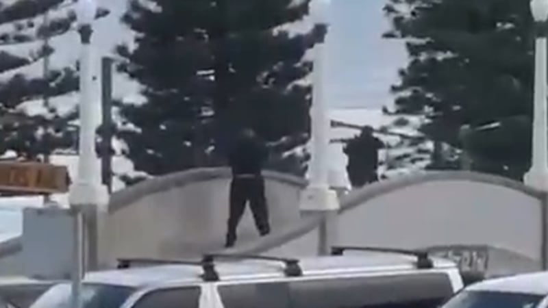 Two suspected shooters can be seen firing from a pedestrian bridge toward the park that surrounds Bondi Beach.