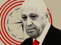 Photo illustration of Yevgeny Prigozhin with blacked out eyes and a compass and target sign collaged behind him.