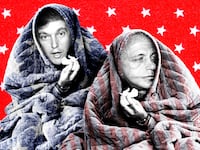 Donald Trump and Roy Cohn with star and stripe blankets over their heads like they're sick holding tissues on a red and white star background