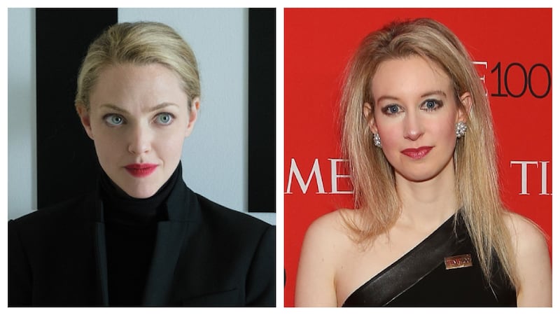 (L-R): Amanda Seyfried as Elizabeth Holmes in "The Dropout" and Elizabeth Holmes.