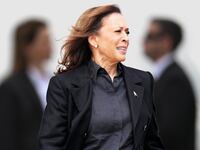 A photo illustration of Kamala Harris and Secret Service agents.