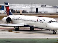 SAN ANTONIO, TEXAS - DECEMBER 12, 2018: A Delta Airlines McDonnell Douglas MD-90 passenger jet taxis after landing at San Antonio International Airport in Texas. (Photo by Robert Alexander/Getty Images)